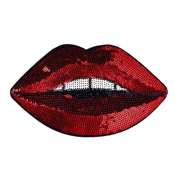 Iron On Shiny Sequined Red Lips Applique Embroidery Patch 6x4 inch Red Lipstick - Picture 2 of 6